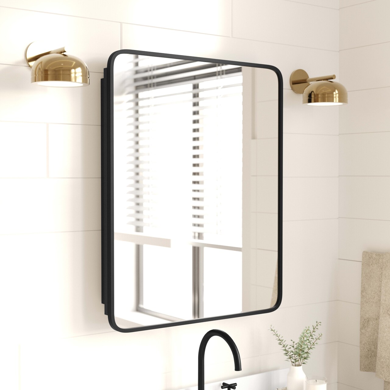 Merrick Lane Glover Reversible Bathroom Wall Medicine Cabinet with Rounded Rectangular Beveled Mirror and Metal Frame and Shelves
